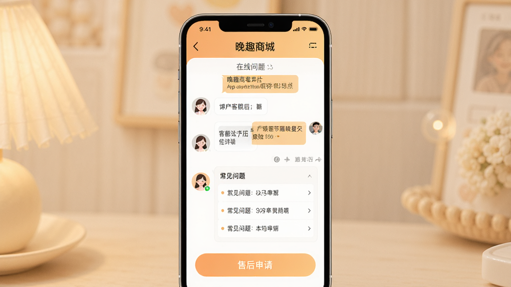 ��Ȥ�̳�App�ͷ����ۺ�ҳ�棬����Ϊ�ֻ���Ļ��ʾ���߿ͷ��Ի�������ۺ�������ڣ�����Ϊ�ֻ�����ͼ���У��Ű������������Ϊ��ů���ɫ����ϸ�ڰ����Ի����ݡ����������б����ͷ�ͷ�񣬻��ʸ���ɾ��޶���Ԫ��