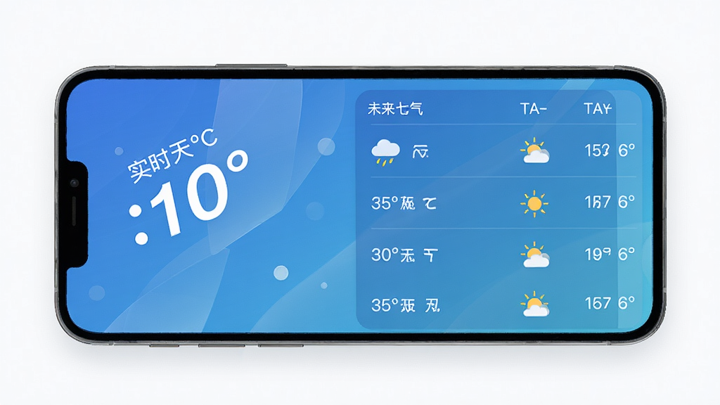 AI看天气 手机应用主界面 实时温度显示 未来七天预报列表 蓝色渐变背景 扁平化设计风格 干净整洁 高清画质