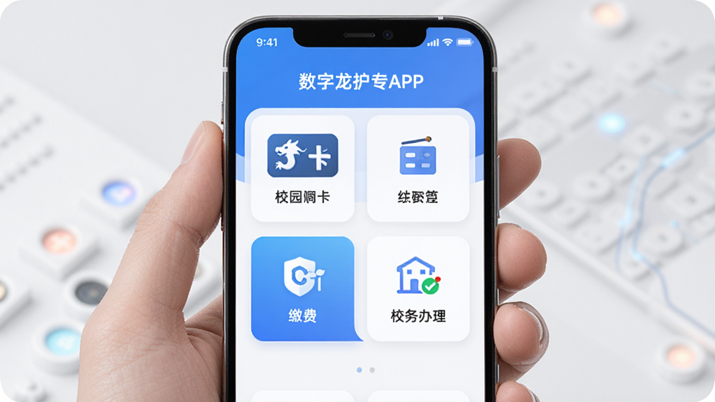 数字龙护专APP主界面,手机屏幕展示校园卡、缴费、校务办理功能模块,主体为手持手机,布局居中,排版简洁,风格现代科技感,细节包含图标与文字标签,画质清晰干净无多余元素