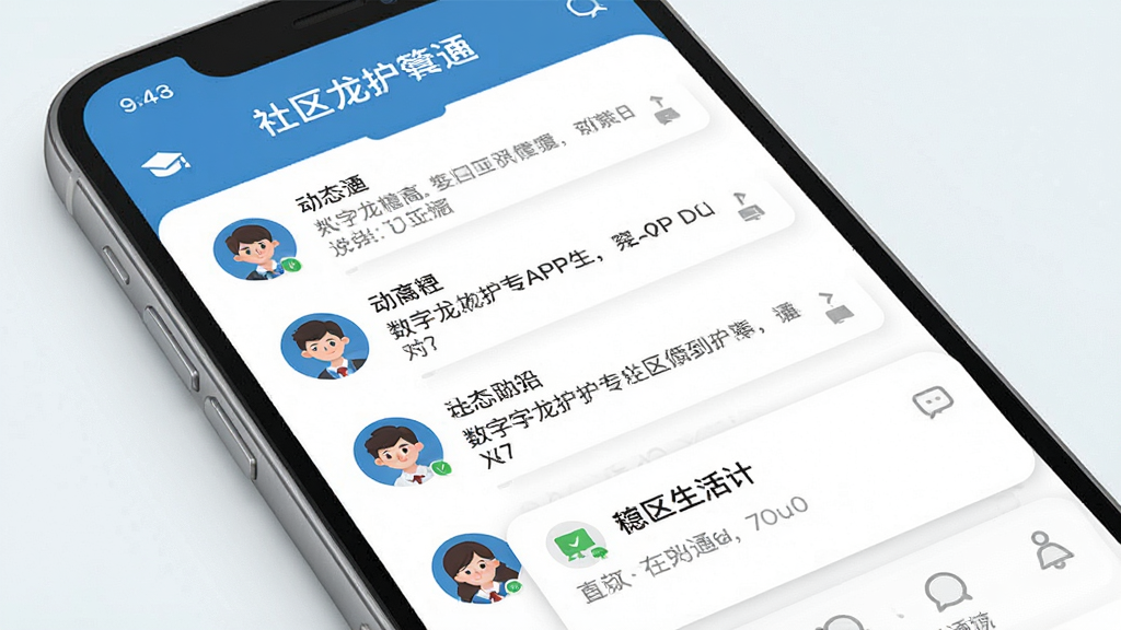 数字龙护专APP社区生活页面,手机界面显示动态列表与通知卡片,主体为手机屏幕特写,布局上下排列,排版清晰,风格清新校园风,细节包含头像与文字内容,画质明亮干净无多余元素