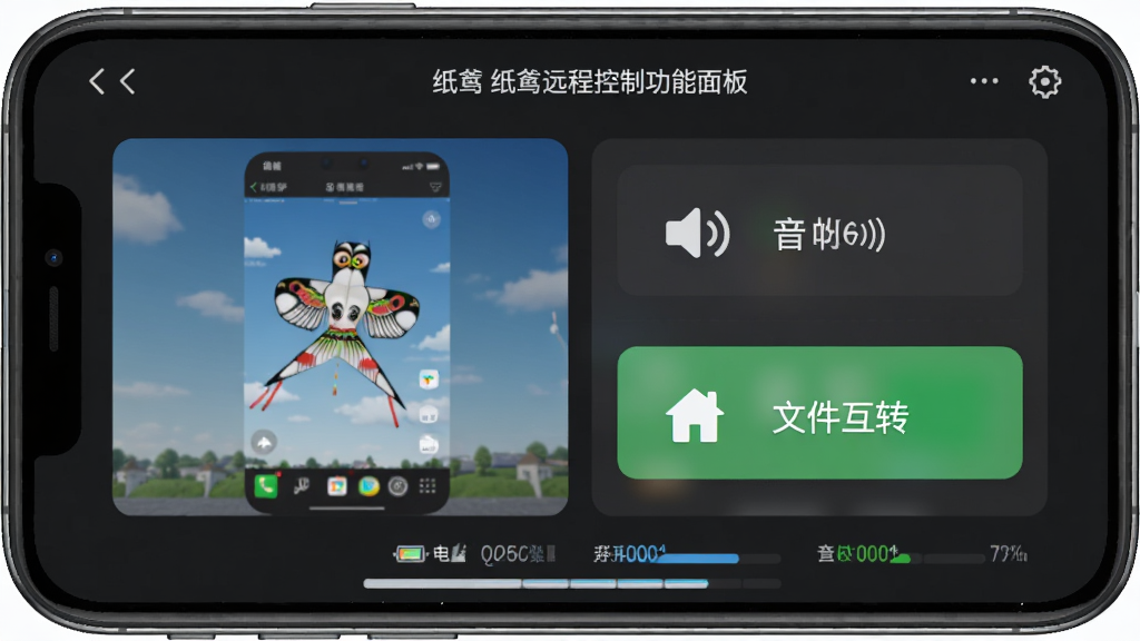 纸鸢远程控制功能面板,主体为手机远程控制界面,布局分区域展示截图、音量、文件互传按钮,排版整齐,风格清爽现代,细节包含电量与存储状态条,画质高清干净无多余元素