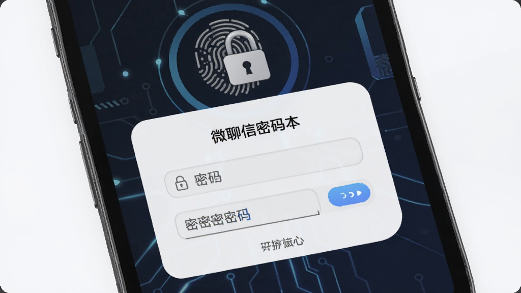 微聊信记录手机备份密码本保护功能界面,主体为密码输入弹窗与加密锁图标,布局为手机屏幕特写,排版上下结构,风格为安全科技感,细节展示指纹解锁与密码框,画质清晰,干净,无多余元素