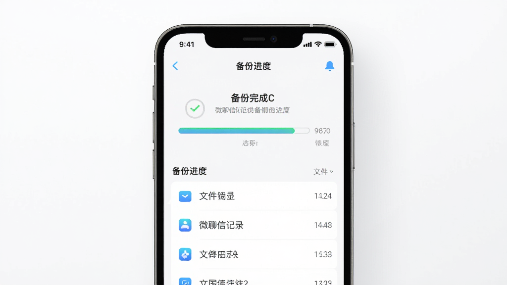 微聊信记录手机备份软件界面展示,主体为手机屏幕显示聊天记录备份进度条,布局为居中展示,排版简洁清晰,风格为科技简约风,细节包含备份完成提示与文件列表,画质高清,干净,无多余元素