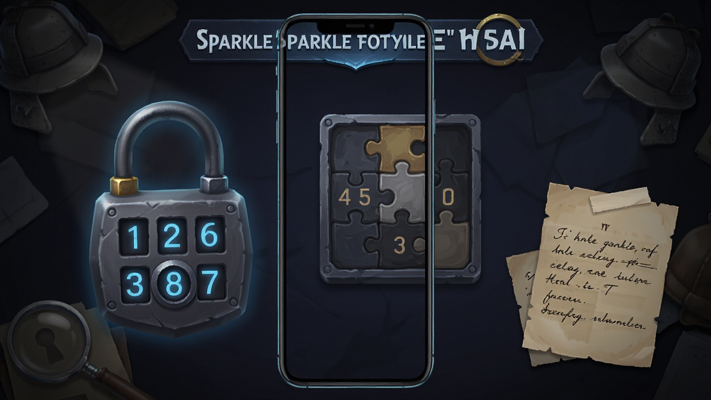 闪耀天赋Sparkle谜题破解界面,包含数字密码锁、拼图机关和线索纸条,暗色调侦探风格,手机屏幕竖版布局,解谜元素丰富,高清画质,画面干净整洁