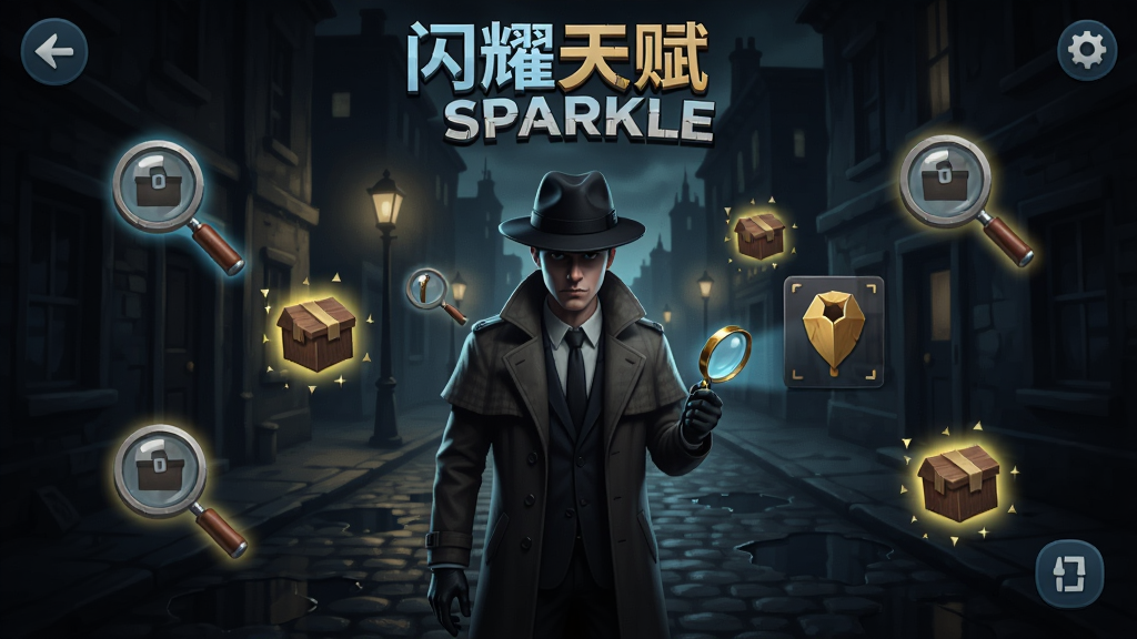 闪耀天赋Sparkle游戏主界面,侦探角色站在昏暗街道上,四周有放大镜图标和隐藏物品闪光标记,暗黑悬疑风格,手机游戏UI布局,高清画质,干净无多余元素