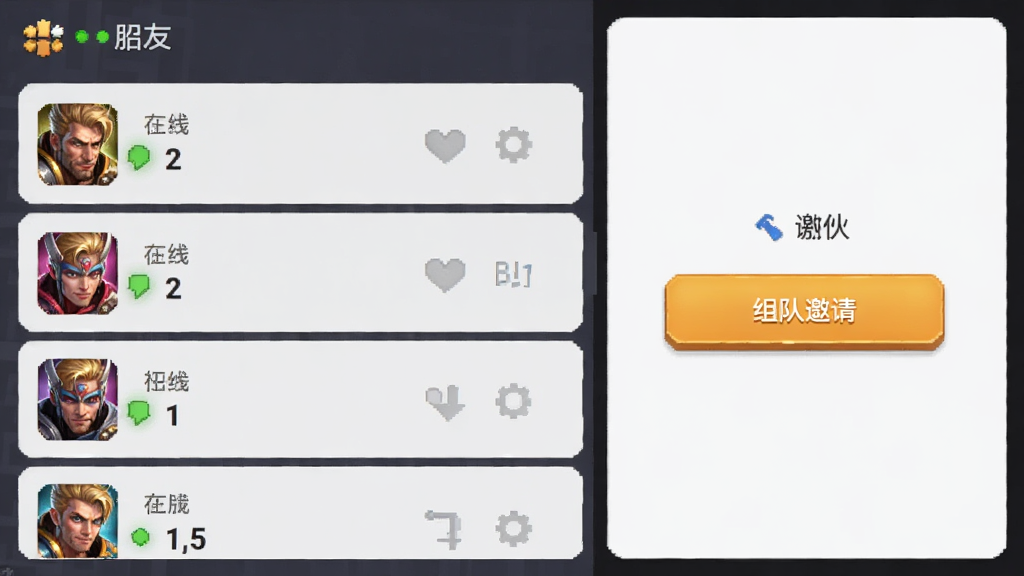 ������Ϸ��ӽ��棬����Ϊ�����б���������밴ť������Ϊ���½ṹ���Ű������Ѻã����Ϊ�罻��ϷUI��ϸ�ڰ�������״̬��Ӣ��ͷ�����밴ť�����ʸ���ɾ��޶���Ԫ��