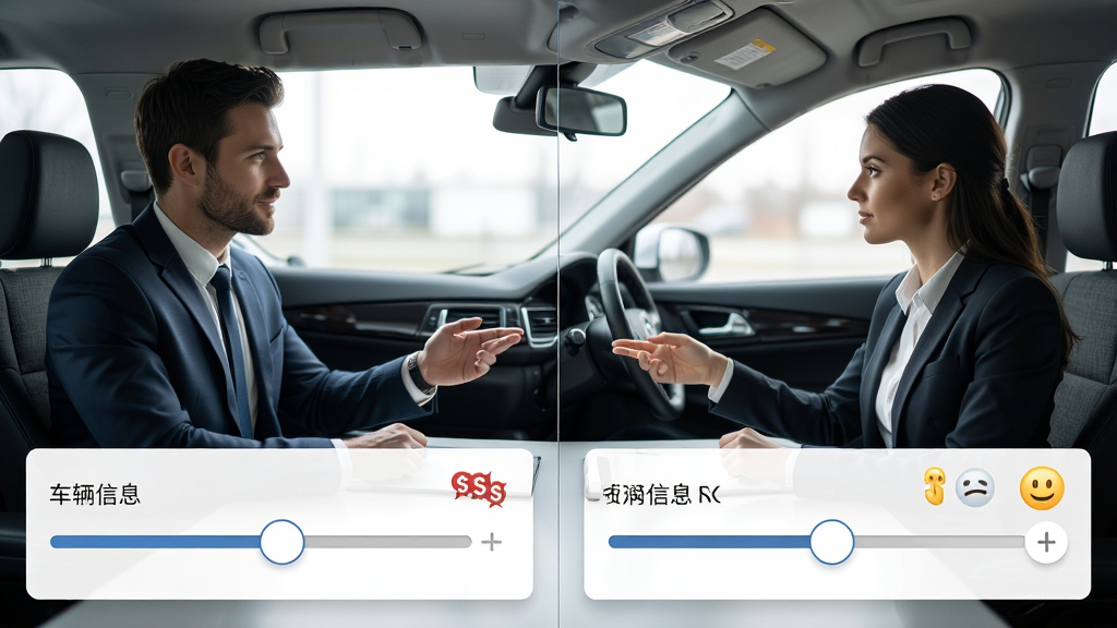 汽车交易帝国谈判场景,主体为买卖双方议价画面,布局左右分栏显示车辆信息与报价滑块,排版直观,风格商务模拟,细节包含利润计算器与表情反馈,画质清晰,干净,无多余元素