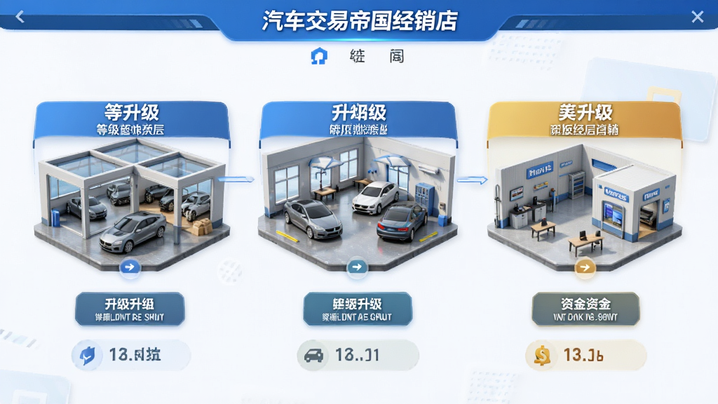 汽车交易帝国经销店升级界面,主体为店铺扩建蓝图,布局展示不同等级展厅与设施,排版层次分明,风格现代经营,细节包含升级按钮与资金消耗提示,画质明亮,干净,无多余元素