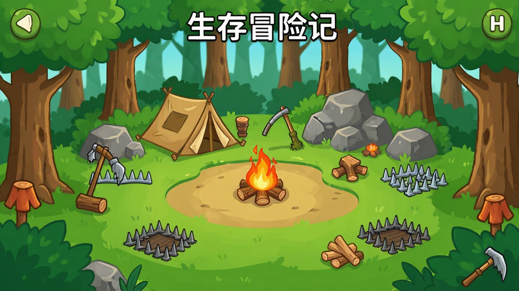 生存冒险记游戏主界面,卡通风格,一片茂密的森林中有一个营地,营地周围布满了各种陷阱,画面明亮,布局居中,排版简洁,风格为休闲卡通,细节包括树木、岩石、篝火和采集资源,画质清晰,干净,无多余元素
