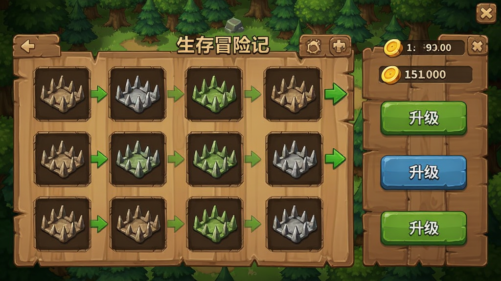 生存冒险记陷阱布置界面,展示多种陷阱图标和升级按钮,背景为森林地图,布局清晰,排版整齐,风格为游戏UI界面,细节包括木质面板、绿色升级箭头和资源数量显示,画质清晰,干净,无多余元素