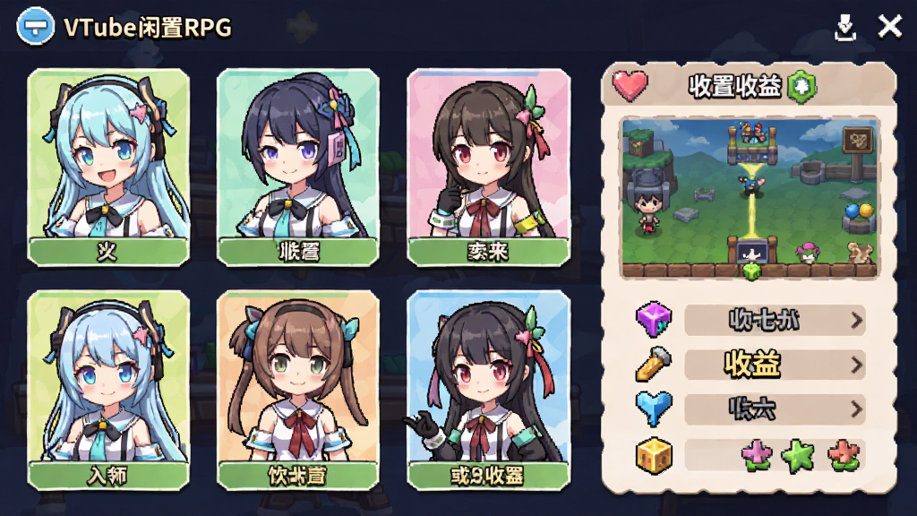 VTuber闲置RPG游戏主界面,多位Virtuober角色立绘排列展示,放置挂机收益面板清晰可见,卡通二次元风格,明亮色彩,干净无多余元素,高清画质