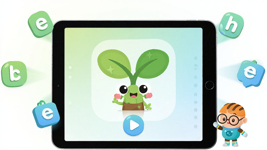 С����APP����չʾ��������һ����ͨС����������ƽ�������Ļ�ϣ���Χ������Ӣ����ĸ�Ͷ�����ɫ������Ϊ����չʾ���Ű������������Ϊ��ͯ�������ƽ���廭��ϸ�ڰ�����͵���ɫ����ɫ���䡢Բ��ͼ�ꡢ���Ű�ťԪ�أ����ʸ��塢�ɾ����޶���Ԫ��