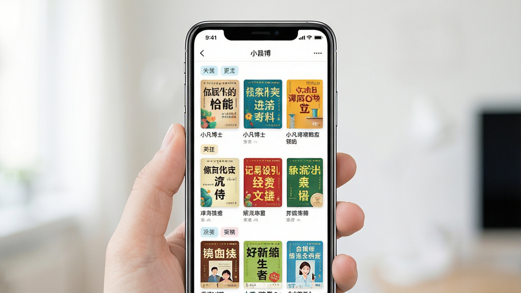 小凡博士应用界面展示,主体为手机屏幕中显示丰富的英语读物封面,布局为居中展示手机样机,排版整齐,风格清新明快,细节包括图书封面色彩鲜艳、分类标签清晰可见,画质高清,干净,无多余元素