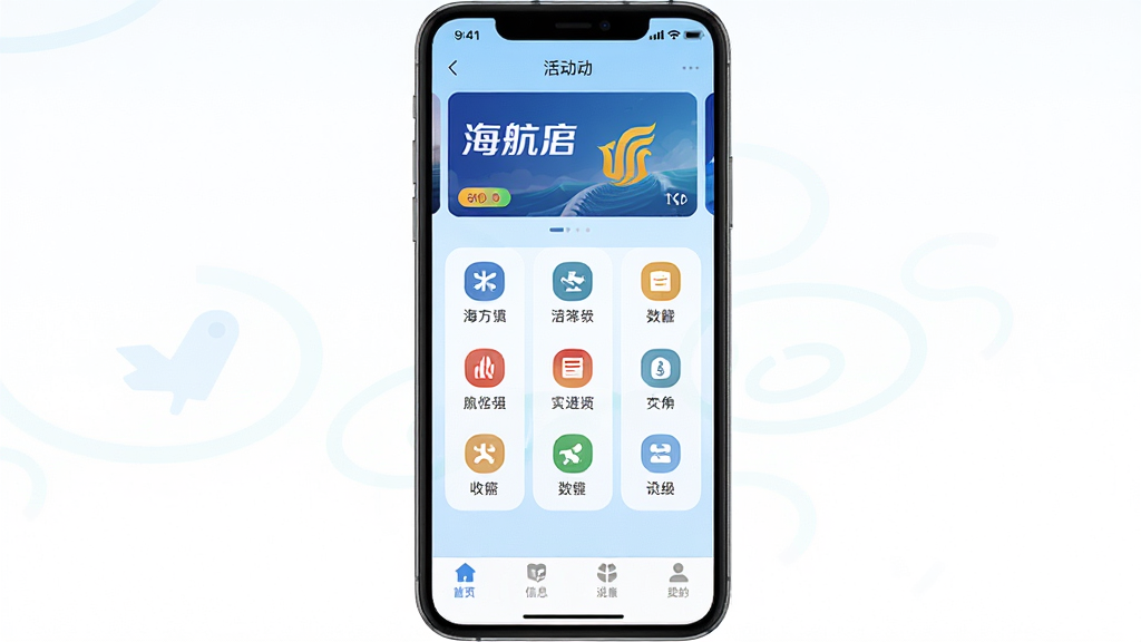 手机屏幕中显示海航信息App主界面,顶部有活动轮播图,中部为功能图标矩阵,底部导航栏清晰,背景为浅蓝色渐变,整体布局简洁,扁平化设计风格,界面文字为中文,画质清晰,干净,无多余元素