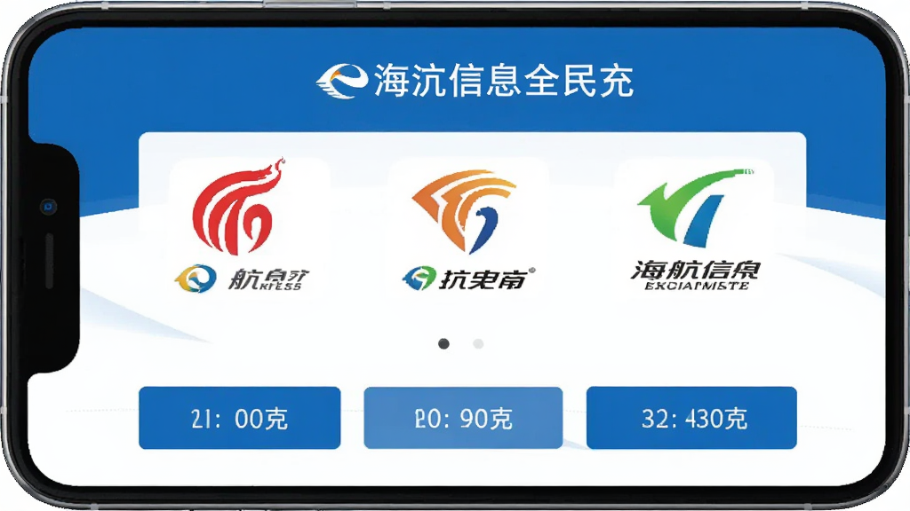 手机展示海航信息全民充页面,三大运营商图标并列,下方有充值面额选择按钮,界面配色以蓝白为主,字体清晰,布局整齐,扁平化UI风格,画质干净,无多余元素