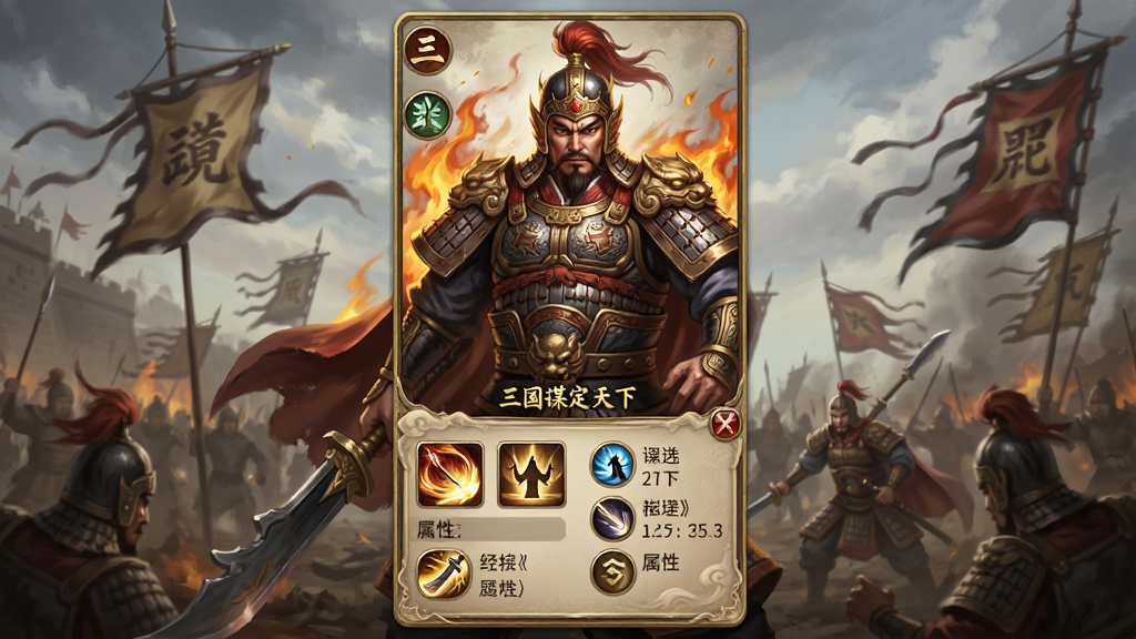 三国:谋定天下(官服)动态卡面展示,画面主体为三国武将经典时刻,布局为卡牌竖版构图,排版上方为武将立绘,下方为技能与属性说明,风格为写实厚涂三国风,细节包含火焰、战旗、铠甲纹理、战场背景,画质高清,干净,无多余元素