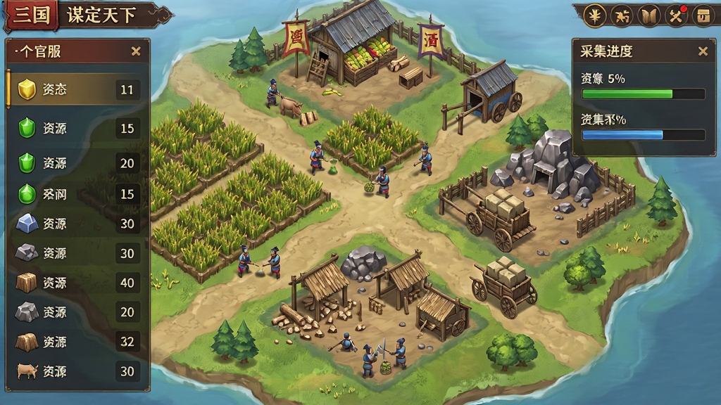 三国:谋定天下(官服)公平生态与资源采集场景,画面主体为沙盘地图上的农田、伐木场、矿场与辎重车队,布局为俯视全局视角,排版左侧为资源列表,右侧为采集进度,风格为清新写实策略游戏风,细节包含士兵劳作、粮仓、运输道路,画质高清,干净,无多余元素