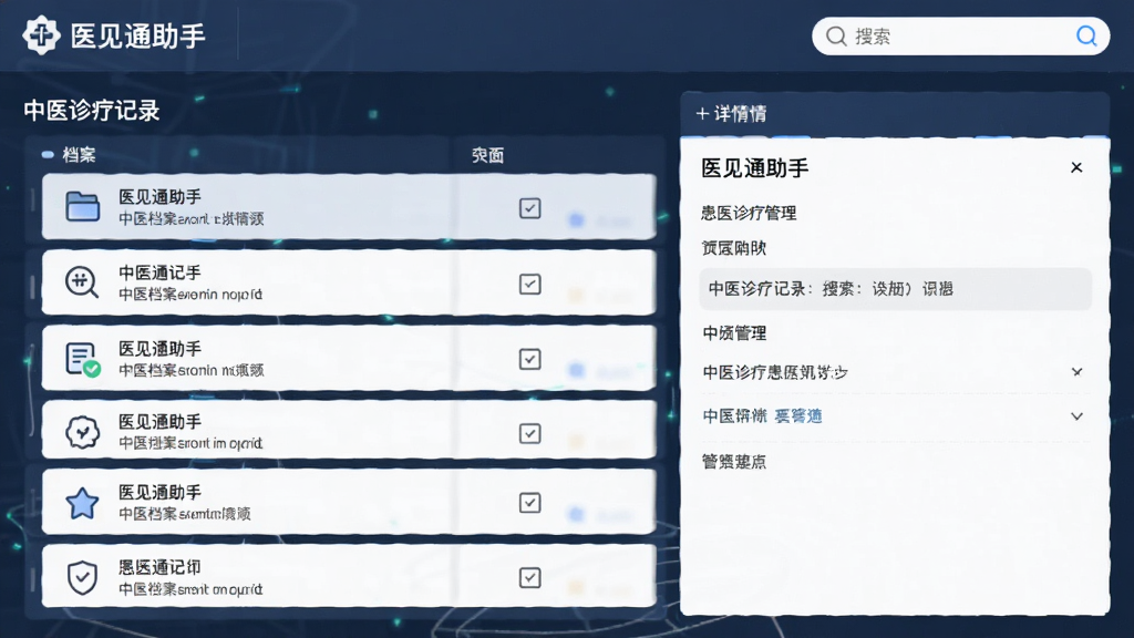 医见通助手 患者档案管理界面 中医诊疗记录 布局为列表加详情 排版清晰 风格为简约商务 细节为档案卡片和搜索框 画质干净 无多余元素