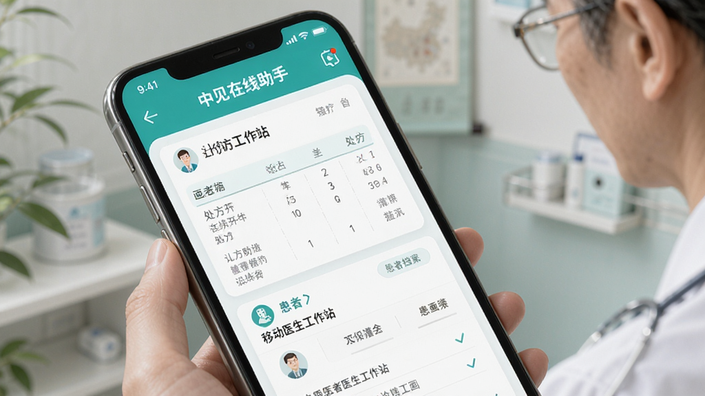 医见通助手 移动医生工作站 手机界面 中医在线开方 布局为手机屏幕展示诊疗界面 排版为上下结构 风格为清新医疗风 细节为处方单和患者档案 画质清晰 干净 无多余元素