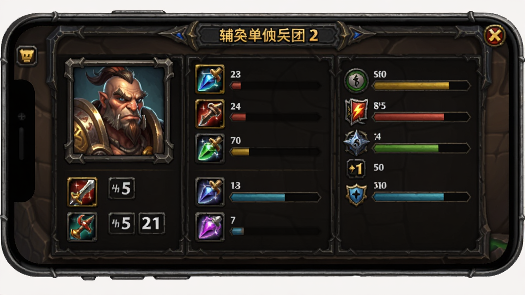 魔兽佣兵团2辅助菜单角色属性面板,主体为手机屏幕展示角色装备与属性数值,布局分栏清晰,排版整齐,风格为魔幻RPG界面,细节包含佣兵头像、道具图标和属性条,画质高清,干净,无多余元素