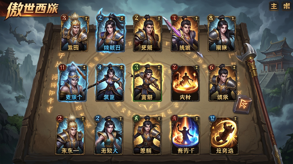 傲世西游 游戏主界面 卡牌对战 魔幻风格 角色排列 技能特效 高清画质 干净无多余元素
