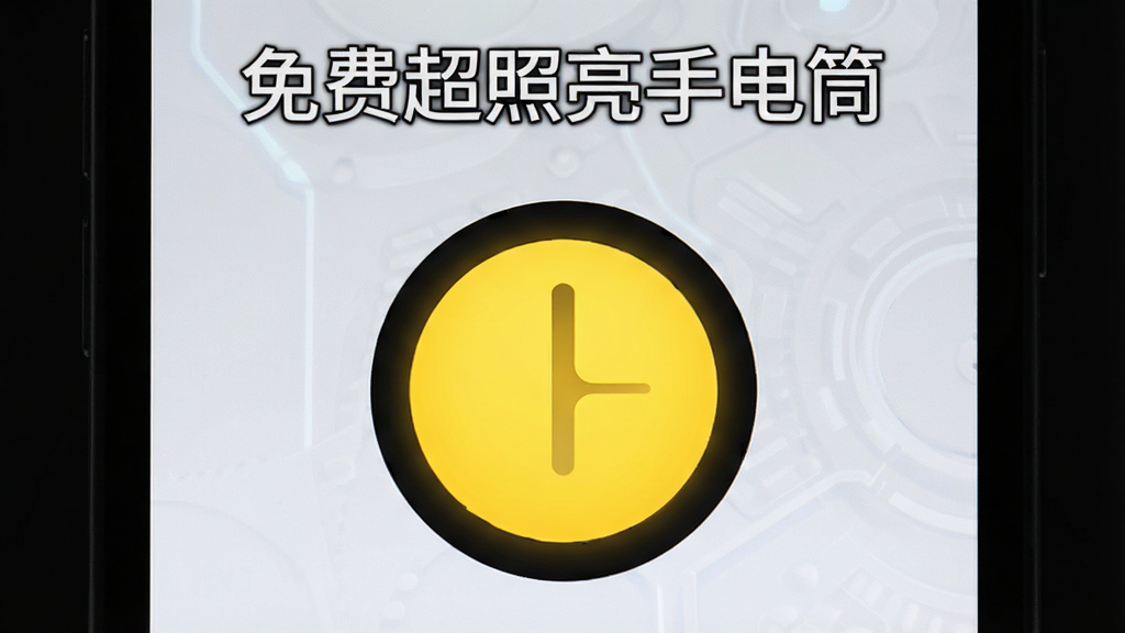 免费超照亮手电筒手机应用界面,主体为屏幕中央一个巨大的圆形开关按钮,布局简洁居中,排版上方显示软件名称免费超照亮手电筒,风格为现代简约科技风,细节包括深色背景与亮色按钮对比,画质清晰,干净,无多余元素