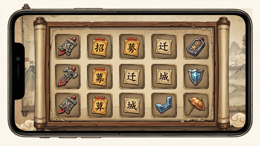 烽火望长安道具界面预览图,主体为手机屏幕显示游戏内道具背包,布局为网格排列的兵符、招募令、迁城令等图标,排版整齐清晰,风格为复古国风连环画质感,细节包含木质边框与卷轴背景,画质高清干净无多余元素