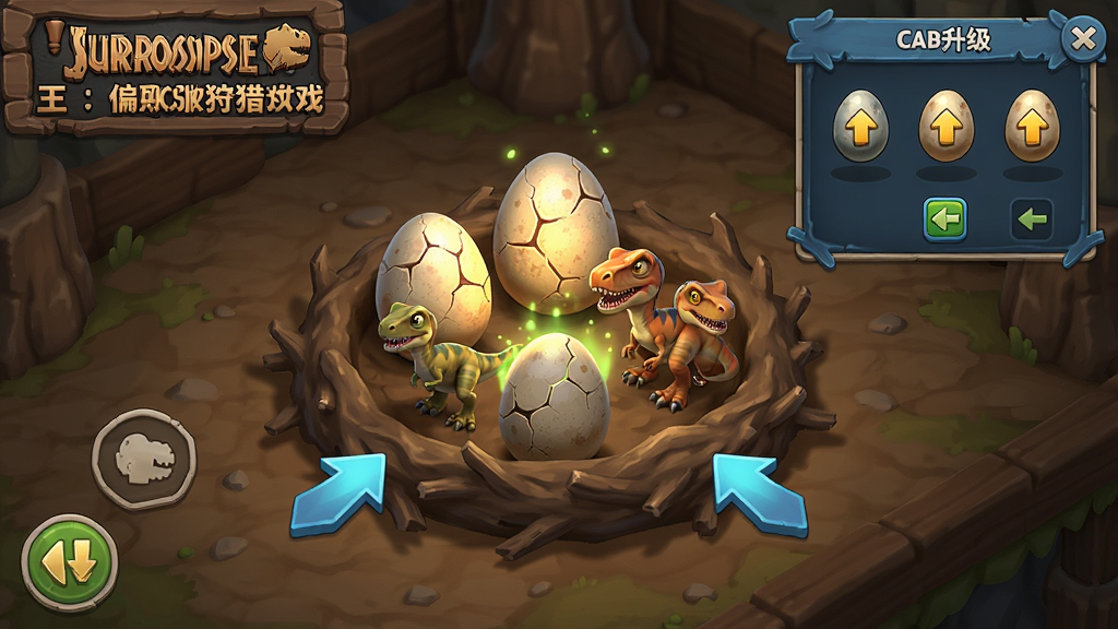 恐龙之王:侏罗纪狩猎游戏界面,展示恐龙孵化巢穴和升级界面,画面中有多个恐龙蛋和幼年恐龙,主体为孵化巢穴,布局为斜视角,排版为游戏UI界面风格,风格为卡通写实混合,细节包括蛋壳裂纹、发光特效、升级箭头图标,画质清晰干净无多余元素