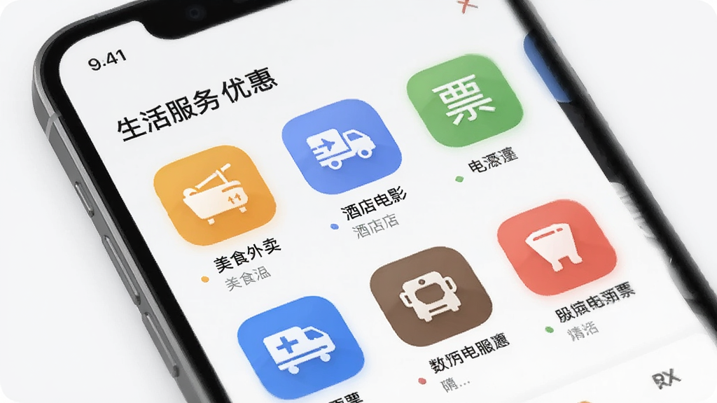 ��ʡApp��������Ż�ҳ�棬չʾ��ʳ�����Ƶ��ӰƱ��ͼ�꣬�ֻ�������ˬ��ǳɫ�������Ű����룬���ʸɾ�