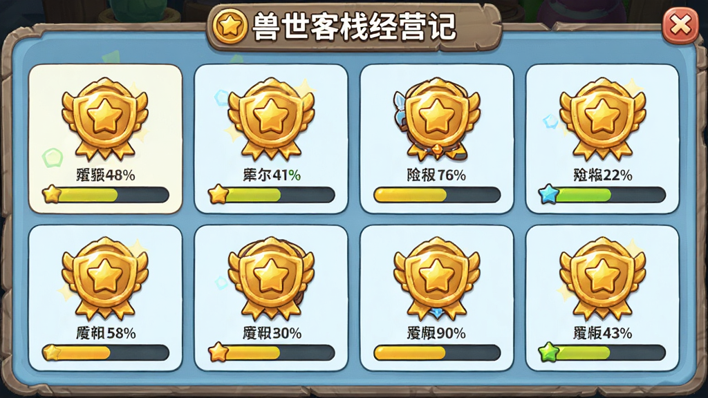 兽世客栈经营记游戏成就界面展示,主体为成就图标和进度条,布局为网格排列,排版为游戏UI面板,风格为清新卡通,细节包括金色成就徽章、进度百分比、分类标签,画质高清,干净,无多余元素