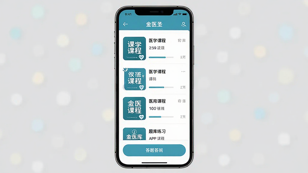 ��ҽʥAPPѧϰ����չʾ���ֻ���Ļ����ʾҽѧ�γ��б��������ϰҳ�棬����Ϊһ�������ֻ������־��У��Ű��࣬����ִ�������APP��ϸ�ڰ����γ̷��桢�����������ⰴť�������������ɾ����޶���Ԫ��