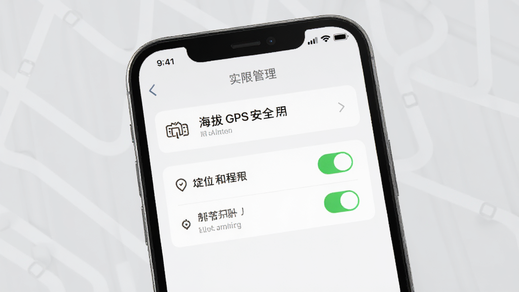 实时海拔GPS安全使用示意图,手机屏幕显示权限管理页面,定位与相机权限已开启,背景为浅灰色,风格简洁商务,高清画质,干净无多余元素