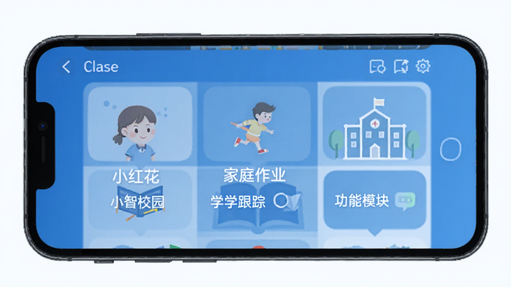 别致智慧校园 手机界面展示 小红花 家庭作业 学情跟踪 功能模块 扁平化 蓝色主色调 干净 无多余元素