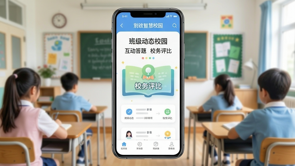 别致智慧校园 班级动态 互动答题 校务评比 界面 手机屏幕 教育场景 简洁 明亮 无多余元素