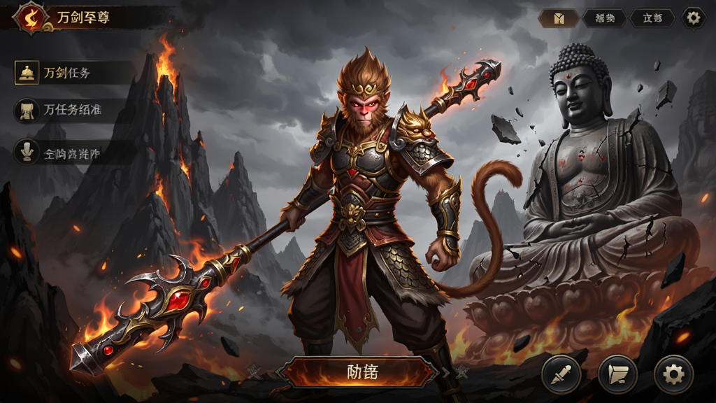 万剑至尊游戏主界面,主体为暗黑风格的孙悟空手持弑神棍,背景是燃烧的黑风山与破碎的佛像,布局中央为角色立绘,四周环绕任务追踪与功能按钮,风格暗黑国风,细节包括火焰粒子特效与金属质感武器,画质高清,画面干净,无多余元素