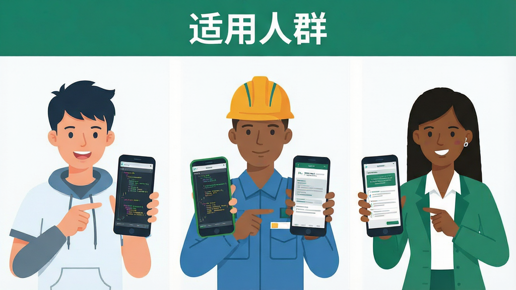 MATLAB教程用户学习场景,主体为不同身份用户使用手机学习MATLAB,布局为三人并排展示学生、工程师、教师形象,排版上方标注“适用人群”,风格为扁平插画风,细节包括手机屏幕显示代码和教程界面,画质清晰,干净,无多余元素
