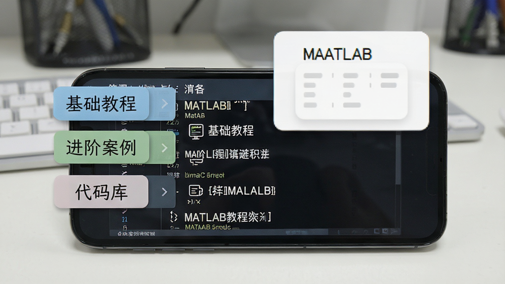 MATLAB教程学习场景,主体为手机屏幕展示MATLAB教程目录列表,布局为手机侧放加悬浮教程卡片,排版左侧为分类标签,风格为清新教育风,细节包括“基础教程”“进阶案例”“代码库”等文字标签,画质清晰,干净,无多余元素