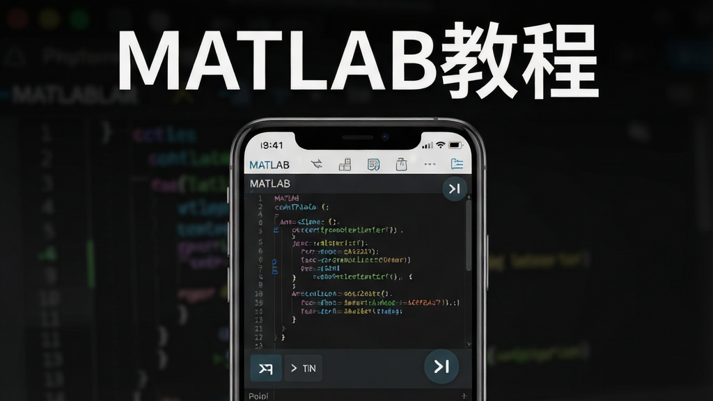 MATLAB教程软件界面展示,主体为手机屏幕显示MATLAB代码编辑器,布局为居中手机正面图,排版上方为软件名称“MATLAB教程”,风格为科技简约风,细节包括彩色语法高亮代码、深色背景、运行按钮图标,画质高清,干净,无多余元素
