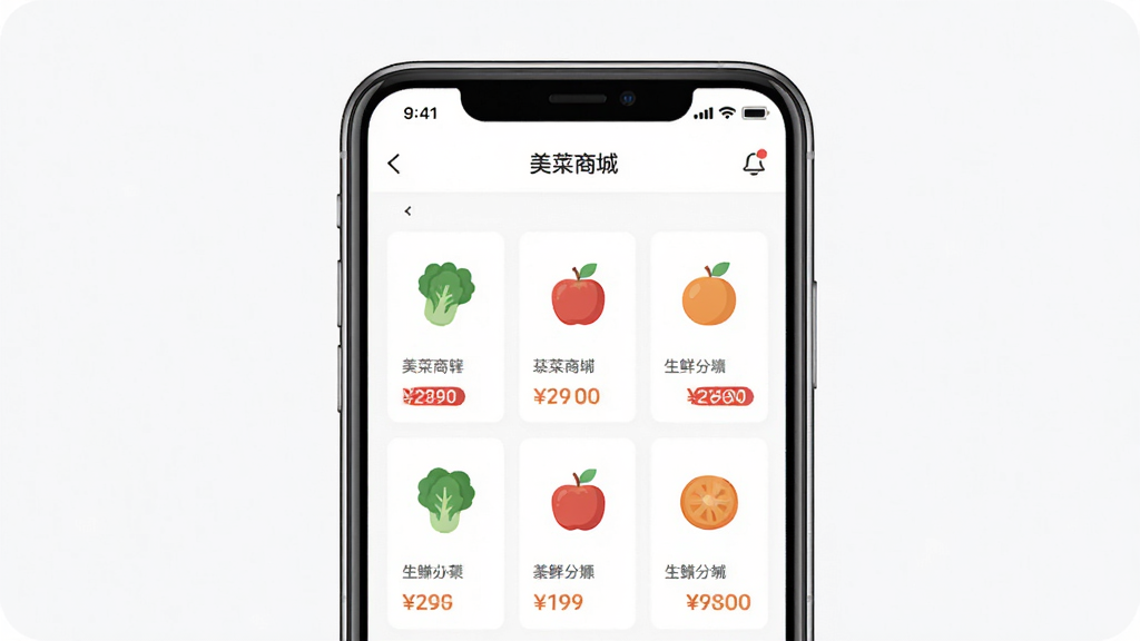 美菜商城应用界面展示,主体为手机屏幕显示生鲜分类列表,布局为居中手机模型,排版简洁清晰,风格现代扁平化,细节包含蔬菜水果图标和价格标签,画质高清干净无多余元素