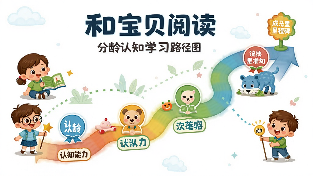 和宝贝阅读 分龄认知学习路径图,主体为一条弯曲上升的彩色路径,路径上分布着不同年龄段的图标和认知能力标签,布局为横向展开,排版直观,风格为清新教育风,细节包括路径旁的卡通儿童形象和成长里程碑标记,画质高清,干净,无多余元素