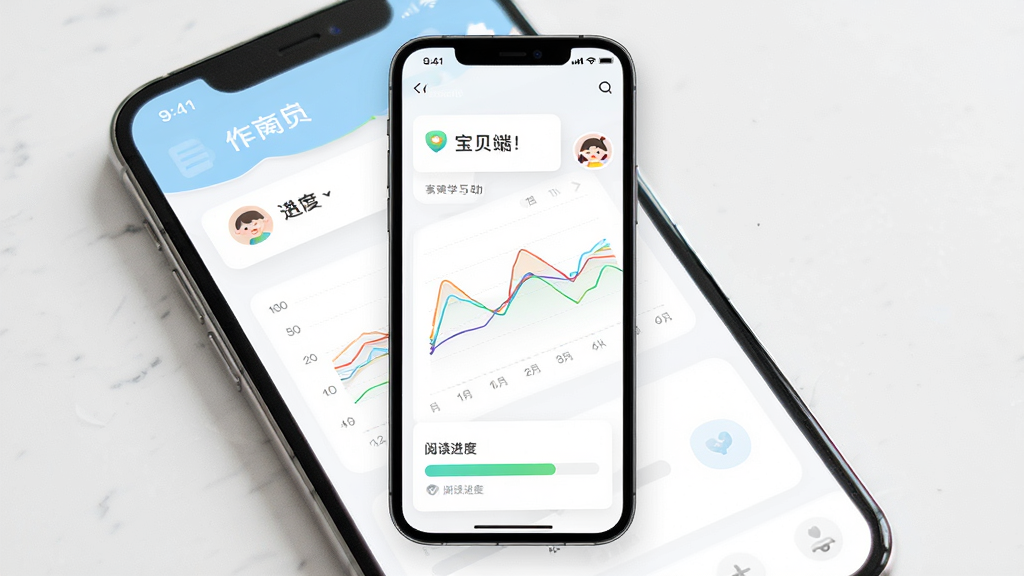 和宝贝阅读 家长端学习报告界面,主体为手机屏幕显示数据图表和阅读进度条,布局为竖向排列,排版清晰,风格为简约现代风,细节包括图表中的彩色数据线和儿童头像图标,画质高清,干净,无多余元素