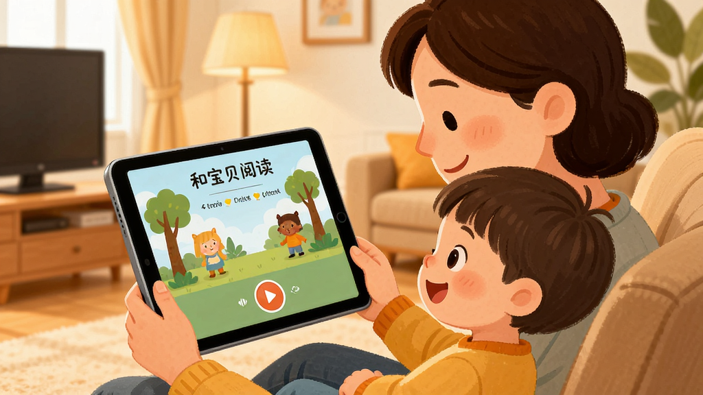 和宝贝阅读 亲子共读场景,主体为家长和孩子一起看着平板电脑屏幕,屏幕中显示绘本页面和录音按钮,布局为温馨的家庭客厅背景,排版自然,风格为温暖插画风,细节包括家长和孩子的笑脸以及屏幕上的互动提示,画质高清,干净,无多余元素