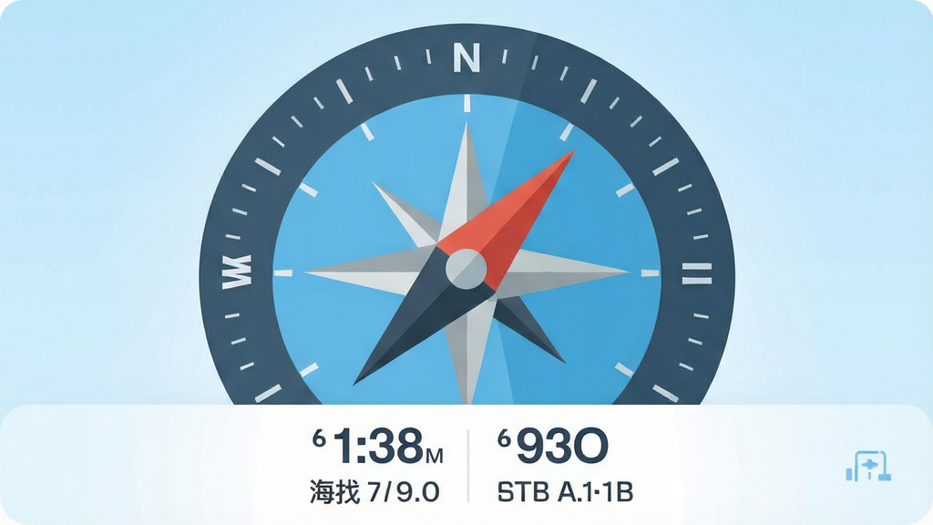 GPS海拔表应用界面,中央大号指南针表盘,下方显示海拔数字与经纬度,背景为淡蓝色渐变,扁平化UI风格,干净简洁,无多余元素,高清画质
