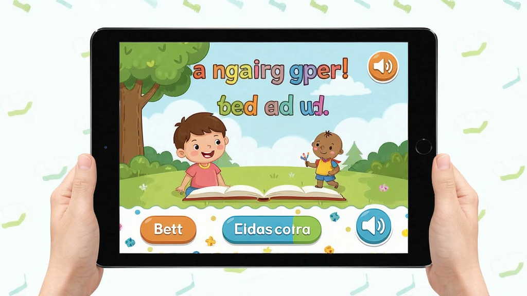 ���꼶Ӣ������������չʾ������Ϊһ̨ƽ�������Ļ����ʾӢ��汾�Ķ����棬����Ϊ����չʾ�豸���Ű���󷽣����Ϊ���½����磬ϸ�ڰ�����ͨ�廭����ɫ���ְ�ť��������ͼ�꣬���������ɾ��޶���Ԫ��