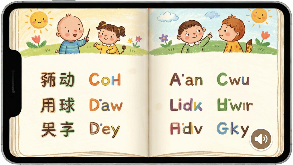 ����ѧӢ��ABC��Ӣ�Ļ汾�Ķ����棬����Ϊ�����Ļ汾ҳ�棬����Ϊ������������Ҳ�Ӣ�����֣��Ϸ��п�ͨ��ͼ���Ű�Ϊ���ҷ���ʽ�����Ϊ��ܰͯȤ�ֻ�磬ϸ�ڰ�����ɫ��ͼ����Ӣ�Ķ������֡��ʶ���ťͼ�꣬�����������ɾ����࣬�޶���Ԫ��