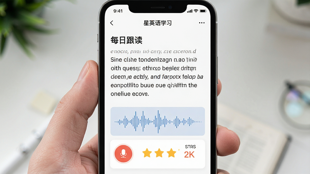 ���շ�����Ӣ��ѧϰ���棬����Ϊ�ֻ���Ļ��չʾÿ�ո������ܣ�����������Ӣ��������������ֽ��棬���ֲ������½ṹ���Ϸ�Ϊ���±��⡰ÿ�ո��������·�Ϊ¼����ť�������Ǽ����Ű������׶������Ϊ���¼�Լ��ѧϰ��App��ƣ�ϸ�ڰ���Ӣ���ı�����������ͼ���������֣�����Ϊ����2K���ɾ��޶���Ԫ��