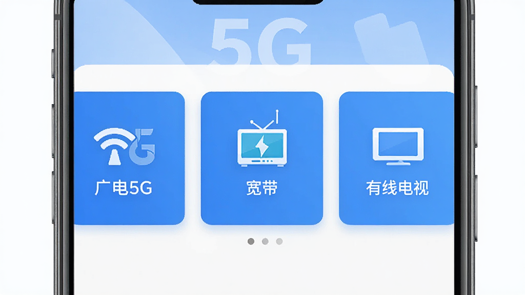 歌华有线APP首页界面展示,简约蓝色调,手机屏幕中显示广电5G、宽带、有线电视三个功能入口卡片,背景干净整洁,扁平化设计风格,高清画质,无多余装饰元素