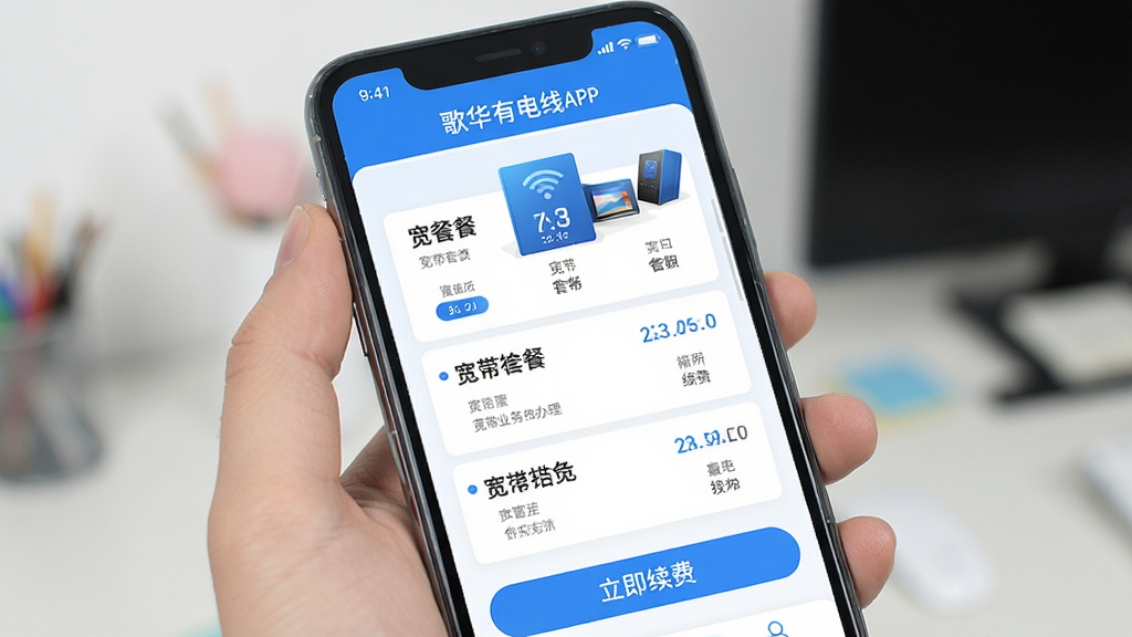 歌华有线APP宽带业务办理页面,手机屏幕中展示宽带套餐列表和立即续费按钮,界面清爽,白色背景搭配蓝色主色调,扁平化UI设计,高清画质,干净无杂乱元素