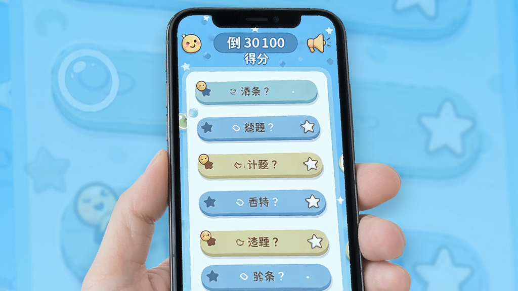 伪渣题王争霸 手机答题界面 清新蓝色背景 多道选择题纵向排列 选项按钮圆角设计 顶部显示倒计时和得分 卡通风格 干净整洁 高清画质