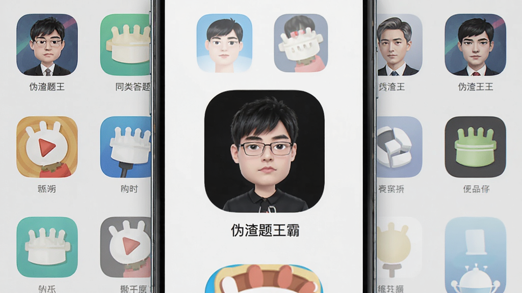 伪渣题王争霸 同类答题软件推荐对比图 简洁风格 手机屏幕排列展示多款应用图标 浅灰色背景 干净排版 高清画质